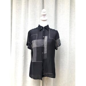 MONDI Navy Blue and White  abstract geometric collared short sleeve sheer Blouse